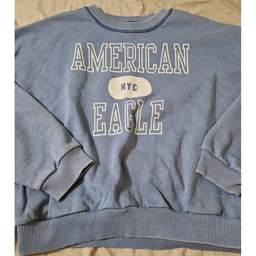 American Eagle Womens Sweatshirt Crewneck Oversized Logo Soft Blue Size Small